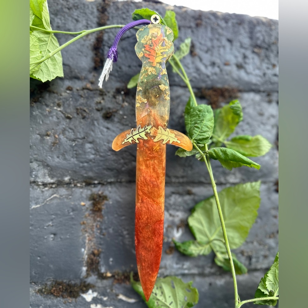 Autumn Leaves & October Rust Fern Spiral 24k Gold Resin Hanging Wall Dagger